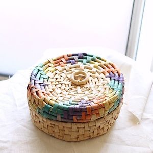 SOLD // Colorful Woven Boho Basket w/ Lid